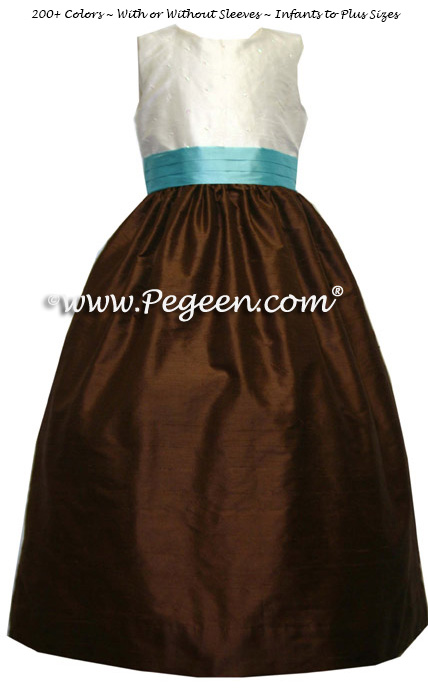 Chocolate brown and tiffany silk junior bridesmaids dress with sequinned silk bodice