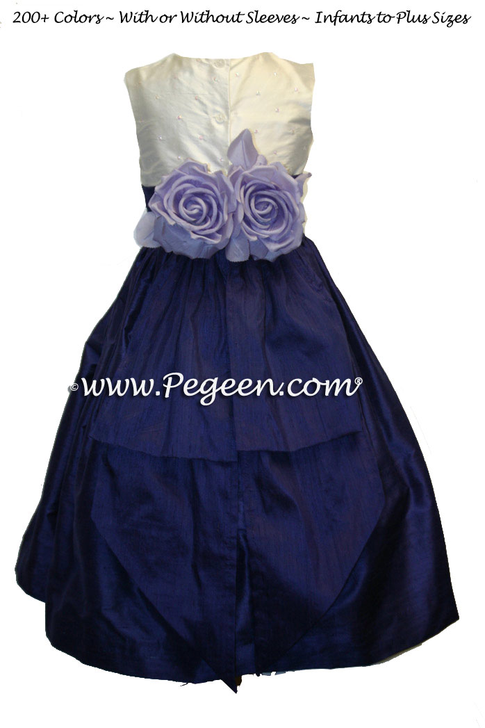 Flower Girl Dress with White Hand Sewn Pearls with Grape Silk Sash and Skirt