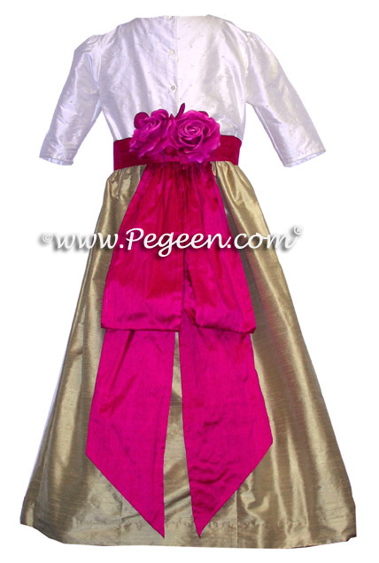 Sequinned bodice, three quarter sleeves raspberry and apple green flower girl dresses