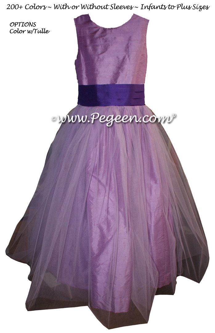 Silk Flower Girl Dress Style 356 in Amethyst with Purple Heart Sash | Pegeen