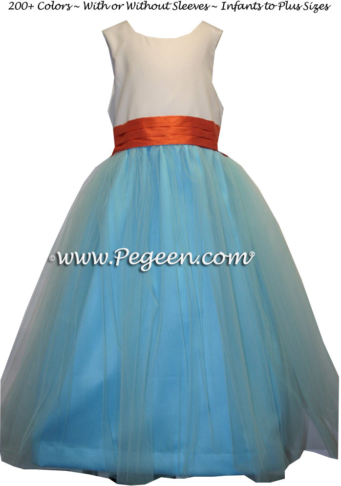 Orange and Bahama Breeze blue silk and tulle flower girl dress to match Ann Taylor