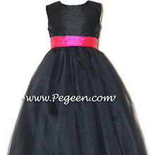 Black silk, Shock Pink with Black tulle dress- flower girl dresses