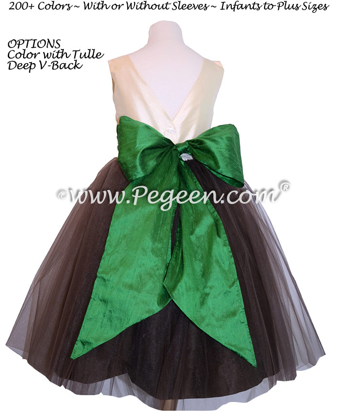 Emerald Flower Girl Dress with Chocolate Tulle 