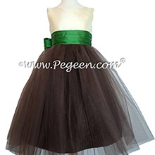 Chocolate Brown and Emerald Green Flower Girl dresses with chocolate tulle Style 356