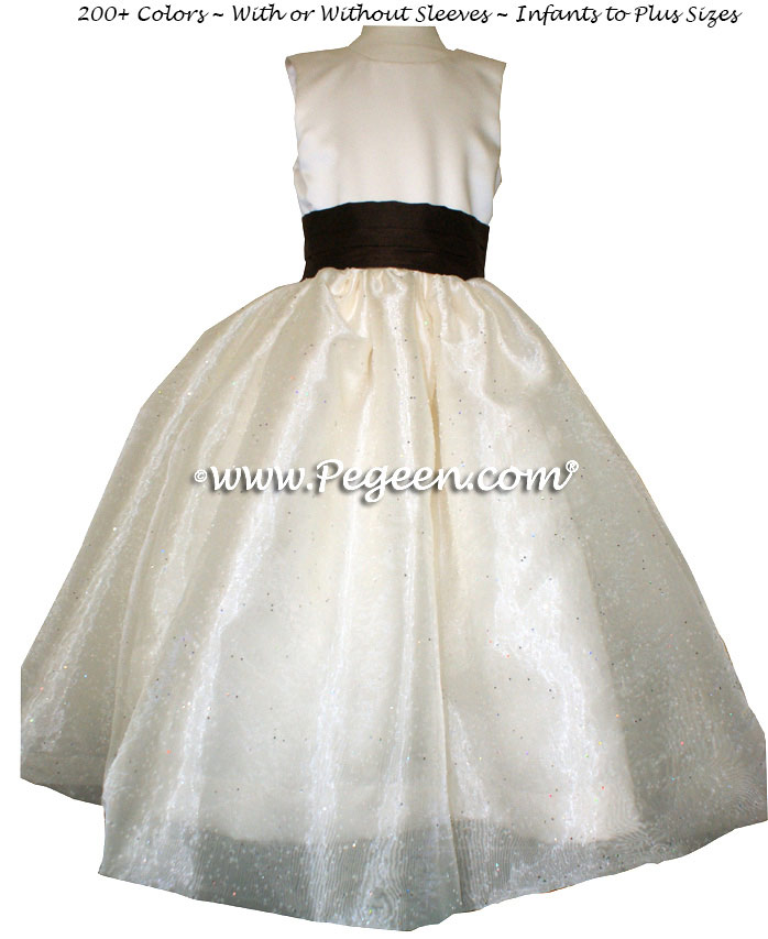 Chocolate brown and ivory satin with sugar organza flower girl dresses