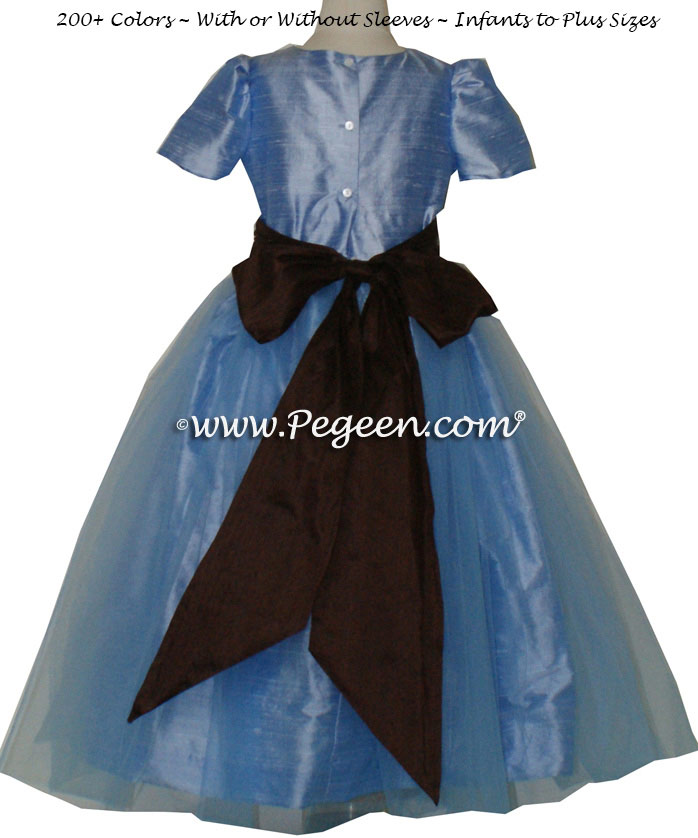 Denim Blue and Chocolate brown with Blue tulle dress - flower girl dresses Denim Blue and Chocolate brown with Blue tulle dress - flower girl dresses