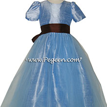 Denim Blue and Chocolate brown with Blue tulle dress - flower girl dresses