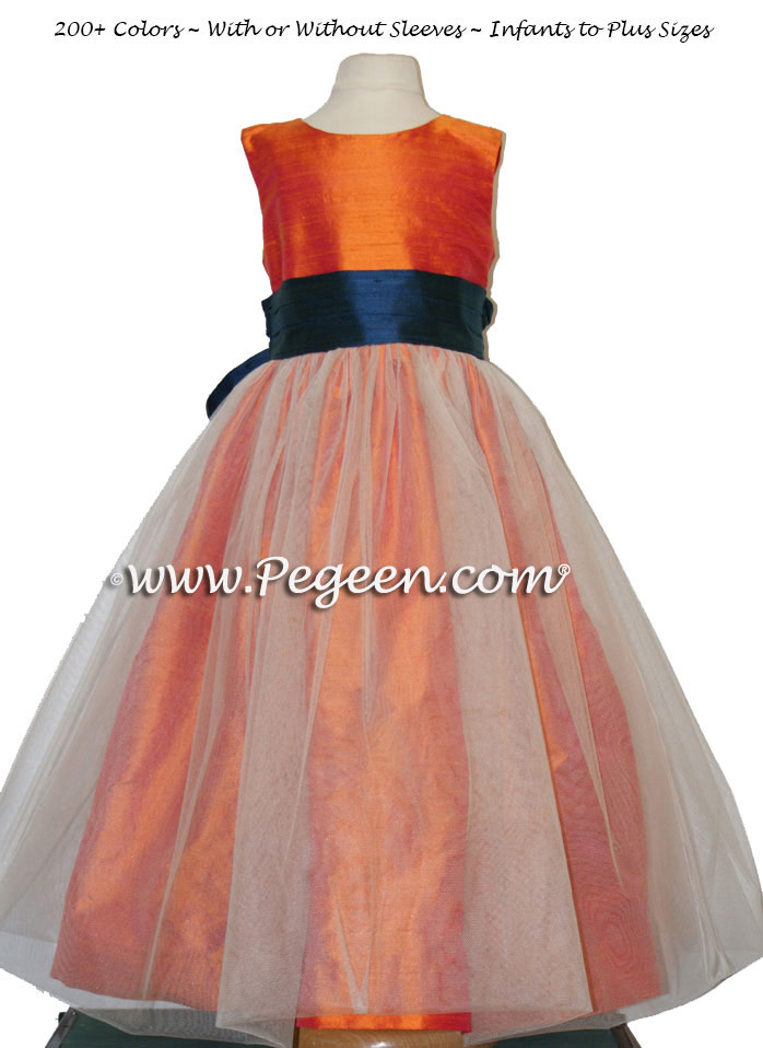 Orange and Navy Silk Tulle Flower Girl Dresses