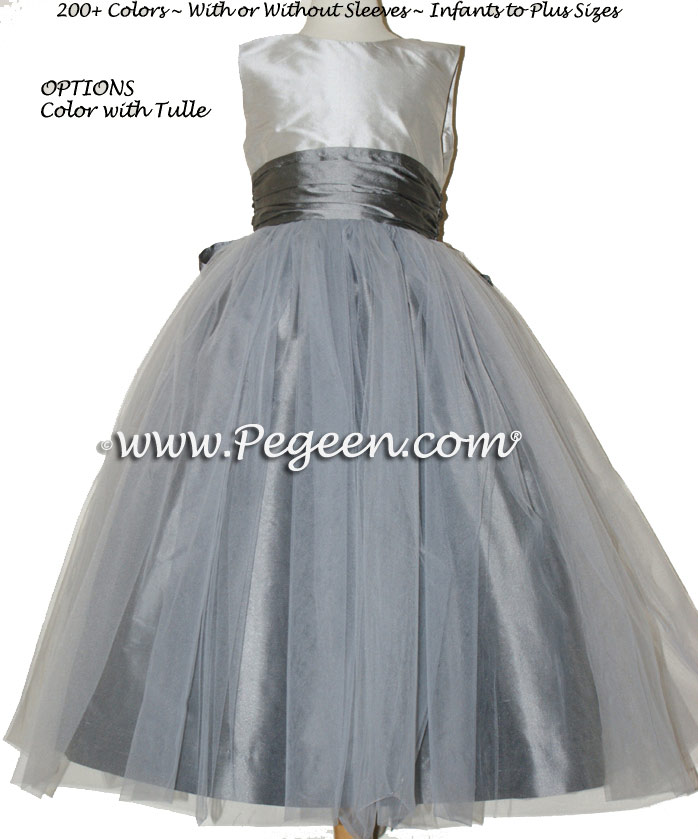 Flower girl dress in Platinum and Medium Gray Silk Tulle | Pegeen