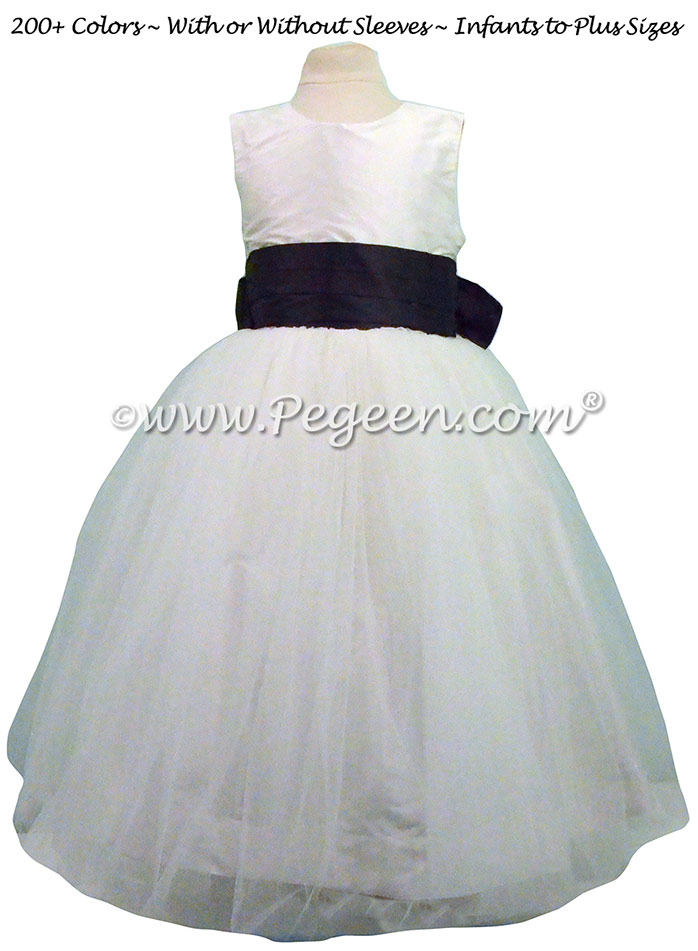 Antique White and Midnight Flower Girl Dresses with a Tulle Skirt