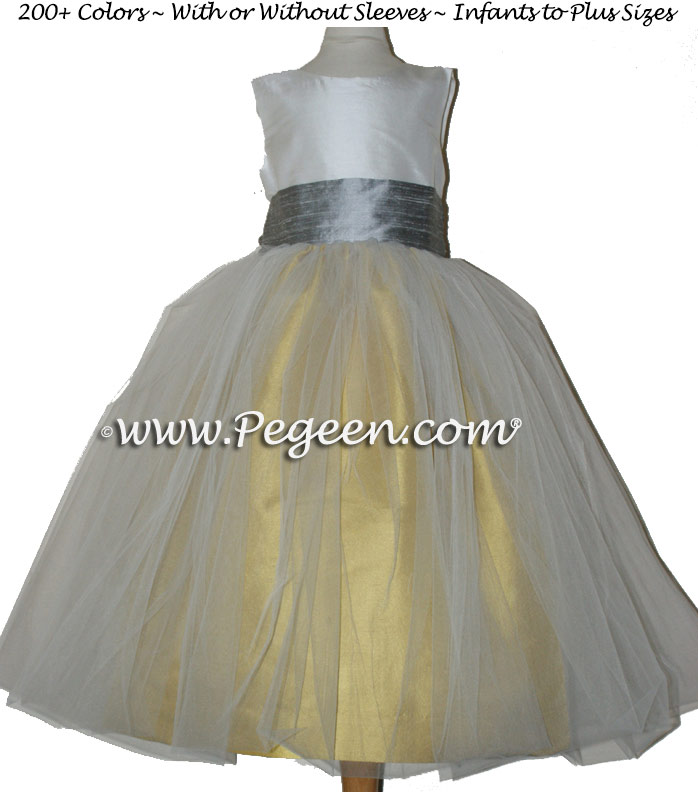 Junior Bridesmaid Dress Mustard Yellow and Silver Gray Silk Sash and Tulle
