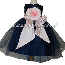 Petal Pink and Navy ballerina style flower girl dresses with navy tulle Style 356