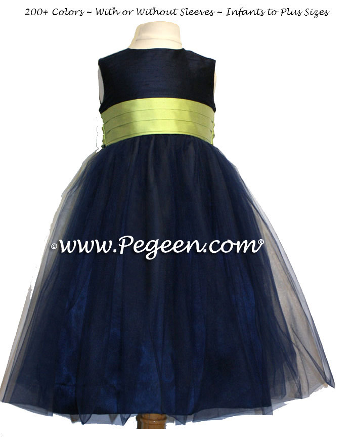 Jasmine Green and Navy Tulle Silk Flower Girl Dress 