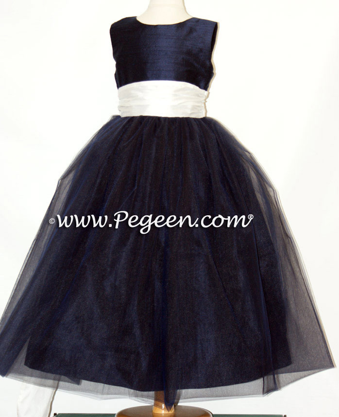 Ivory and Navy Ballerina Flower Girl Dresses With Navy Tulle