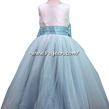 Antique White and Pacific Blue Silk Flower Girl Dresses Style 356 