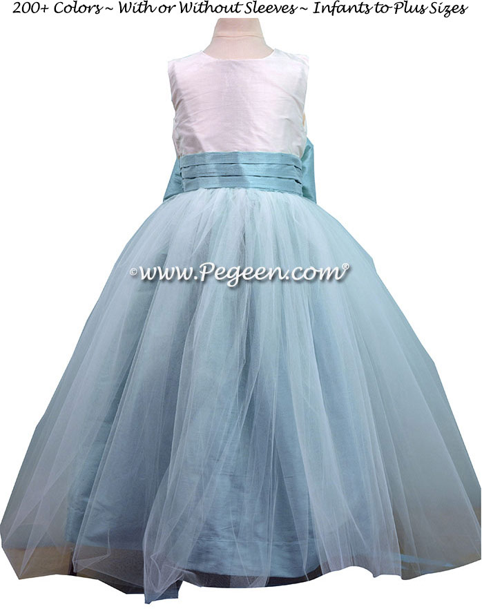 Silk Flower Girl Dress Antique White and Pacific Blue Style 356 | Pegeen