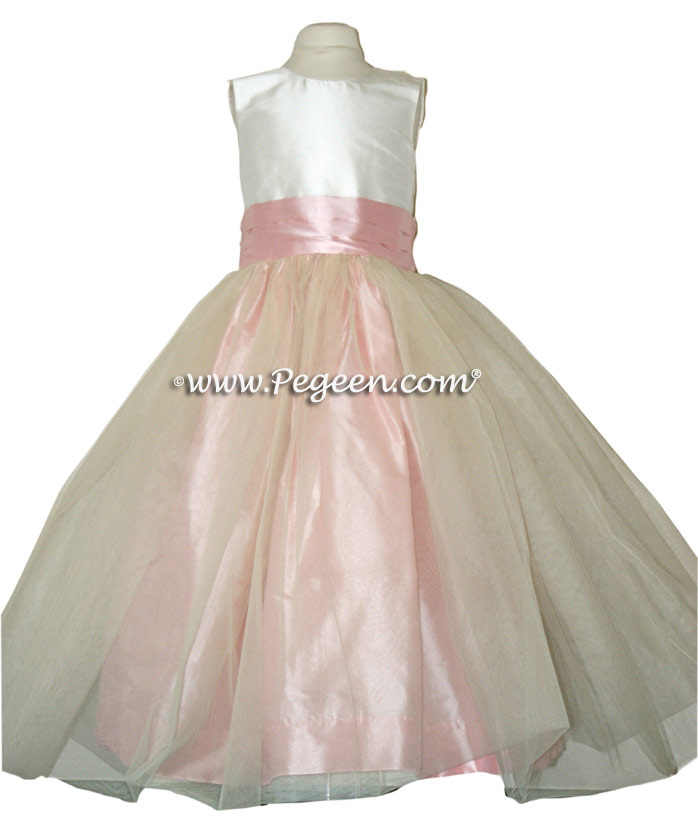 Peony Pink and New Ivory Silk Flower Girl Dresses Style 356