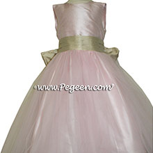 Peony pink and summer tan flower girl dress