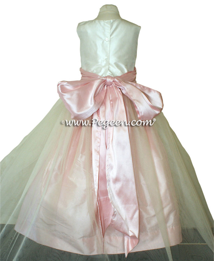 Peony Pink and New Ivory Silk Flower Girl Dresses Style 356