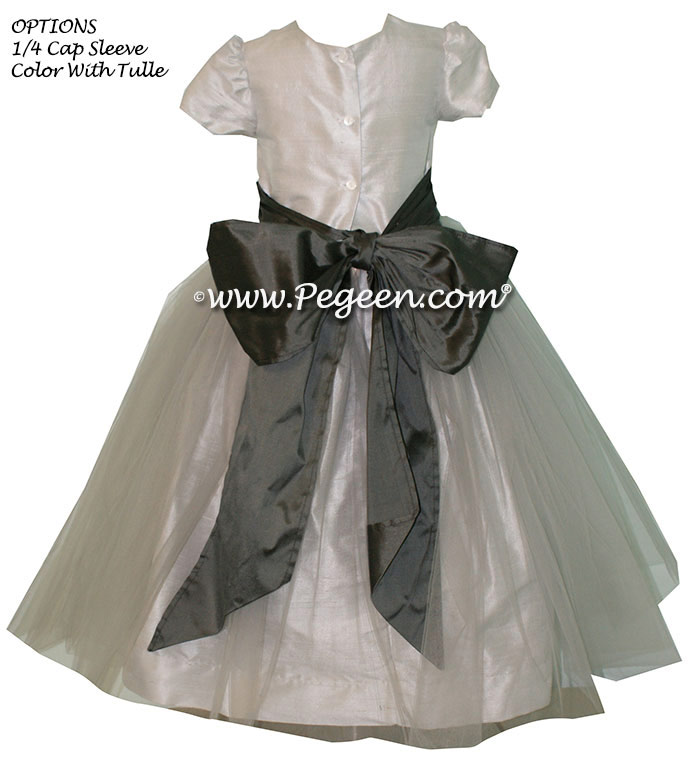 Custom Flower Girl Dress in Silk Platinum and Medium Gray | Pegeen
