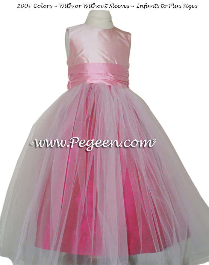 Flower girl dress in Raspberry, bubblegum and petal pink tulle and silk | Pegeen