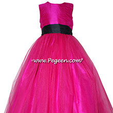 rapberry pink and black silk custom flower girl dress with tulle skirt