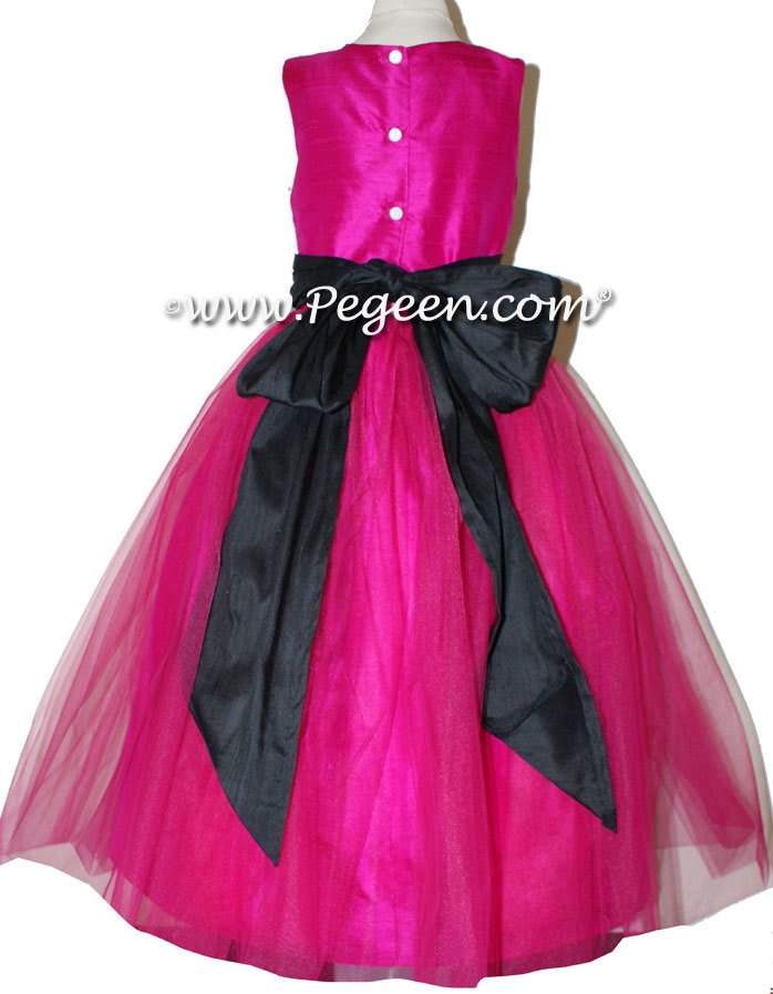 Raspberry, black tulle and silk flower girl dresses
