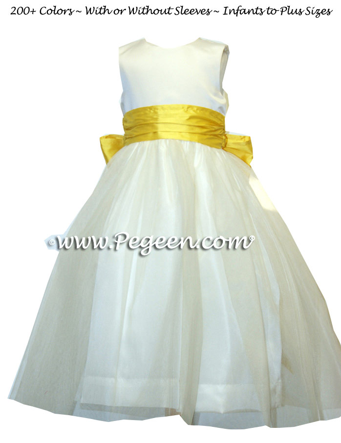 Saffron Yellow and White Satin with Tulle Junior Bridesmaid Dress
