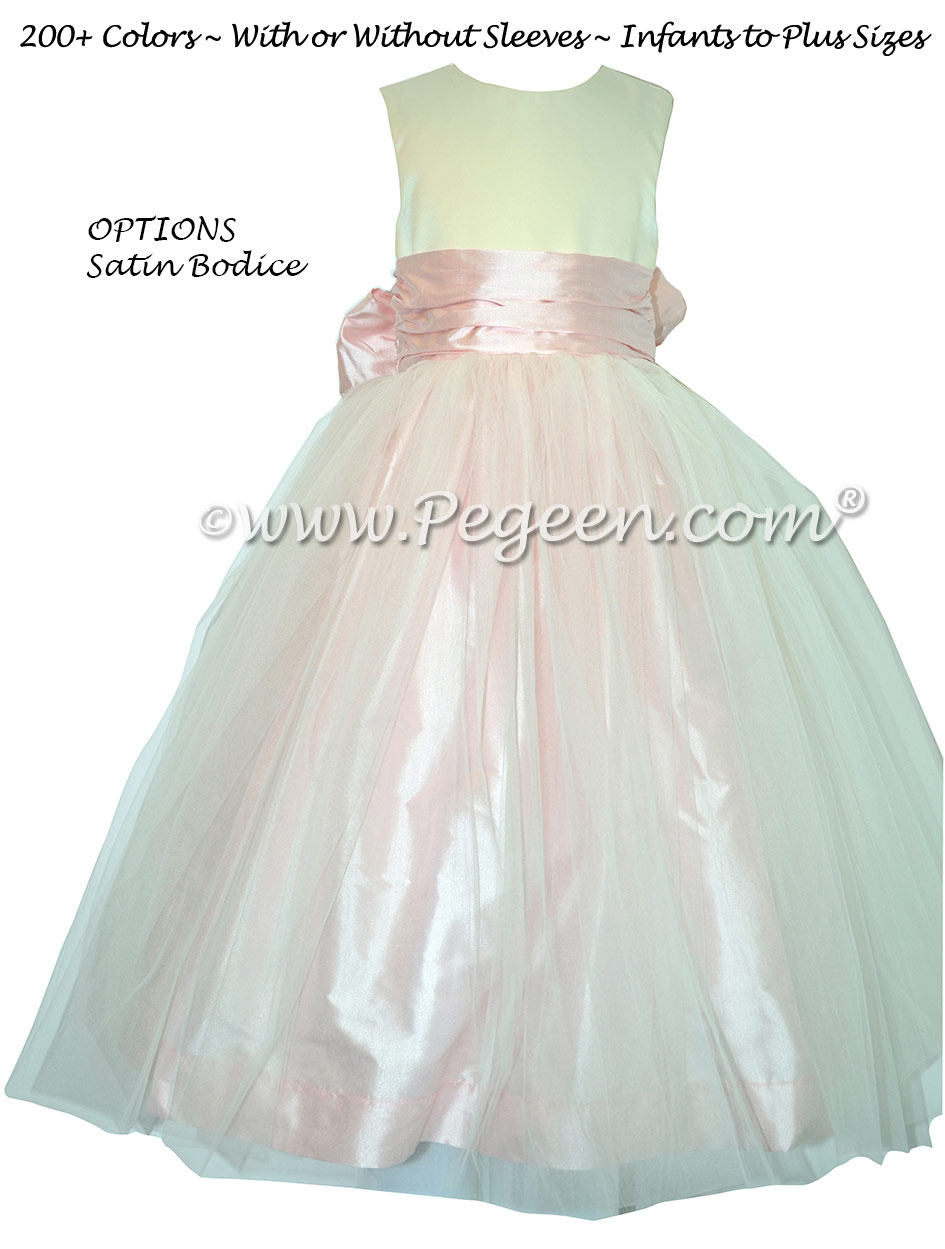 Ivory Satin and Peony Pink Silk and Tulle Silk Style 356 Flower Girl Dresses