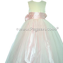 Silk FLOWER GIRL DRESSES Ivory Satin and Peony Pink with a Tulle Skirt