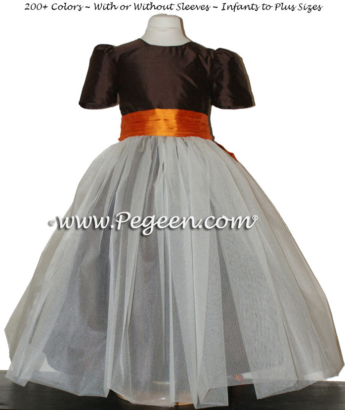 Chocolate brown and pumpkin orange tulle ballerina silk flower girl dresses 