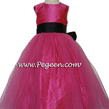 Shock pink and navy silk flower girl dresses