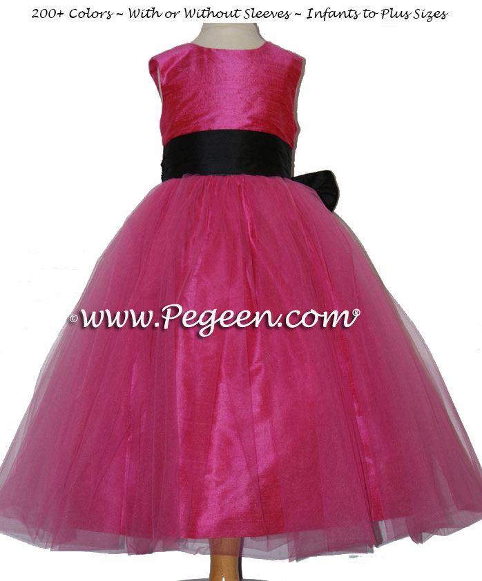 Shock Pink and Black Silk with Tulle Flower Girl Dress