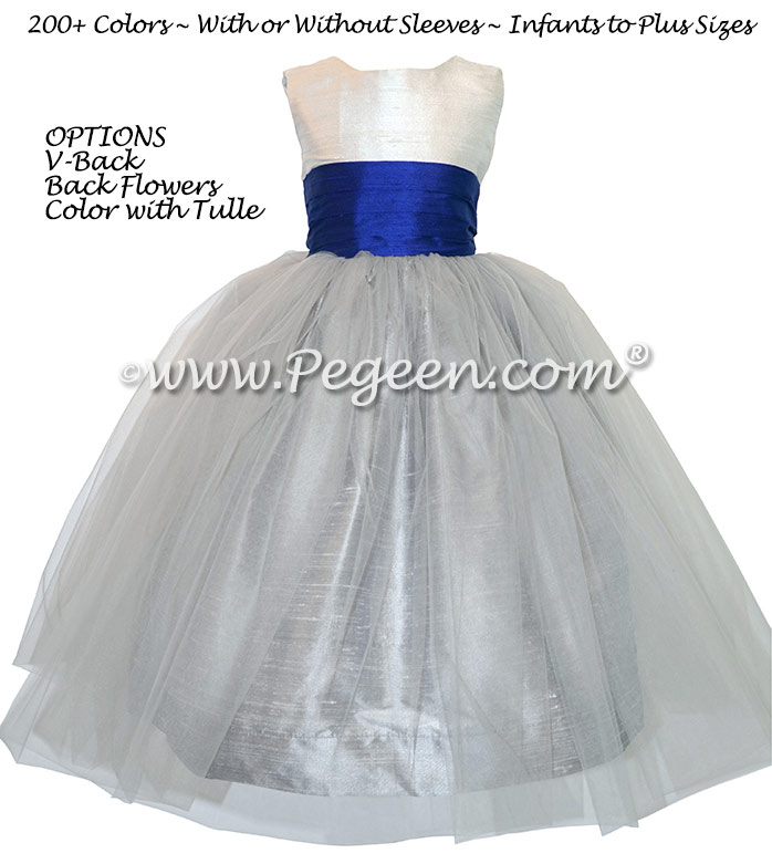 Flower Girl dresses with Gray Tulle, Gray and Sapphire Blue Style 356 | Pegeen