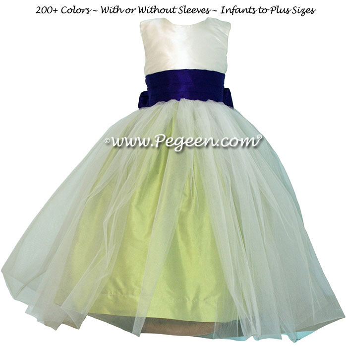 Flower Girl Dress in Sprite Green and Royal Purple Silk Style 356 | Pegeen