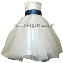Storm Blue and Antique White tulle ballerina silk flower girl dresses