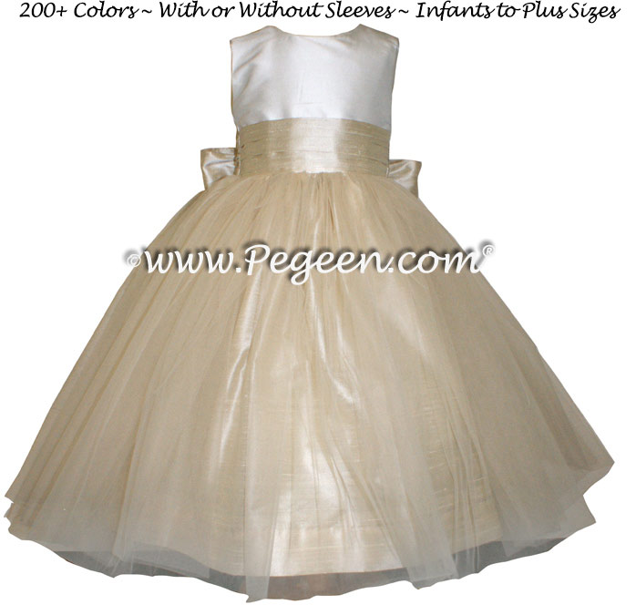 New Ivory And Tawny Gold Sash Custom Flower Girl Dresses Style 356