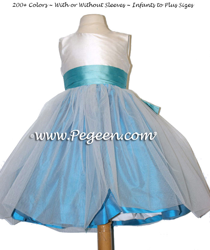 Flower Girl Dresses in Tiffany blue sash with turquoise tulle Style 356 | Pegeen