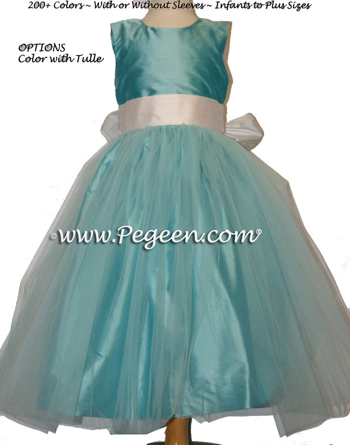 Flower girl dress in  Tiffany blue silk, Antique White with Aqua tulle | Pegeen