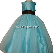Custom Tiffany Blue and chocolate brown Silk Flower Girl Dresses