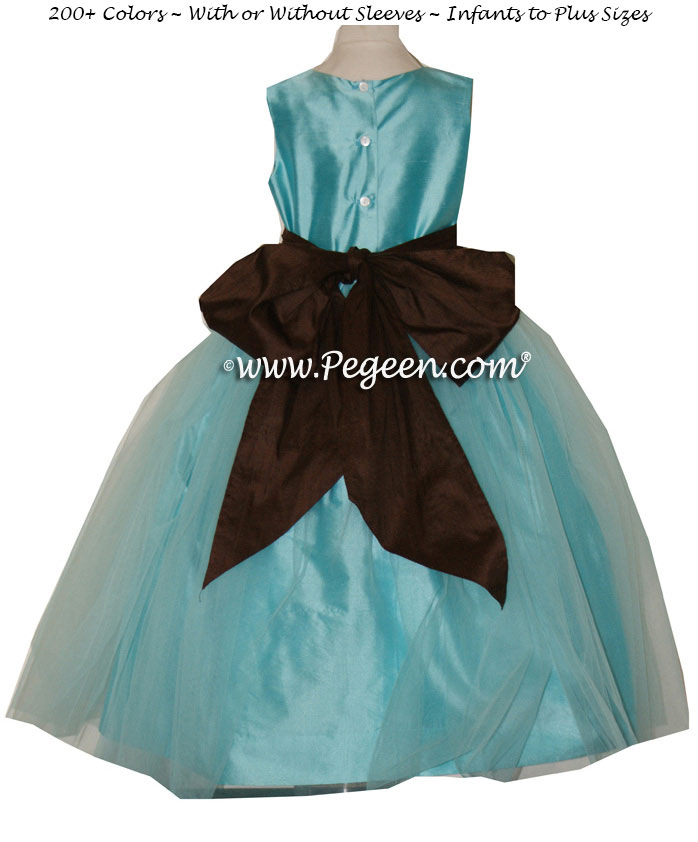 Flower girl dress Classics Style 356 in Tiffany blue and brown silk | Pegeen