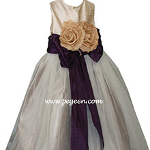 plum and toffee tan ivory tulle flower girl dress