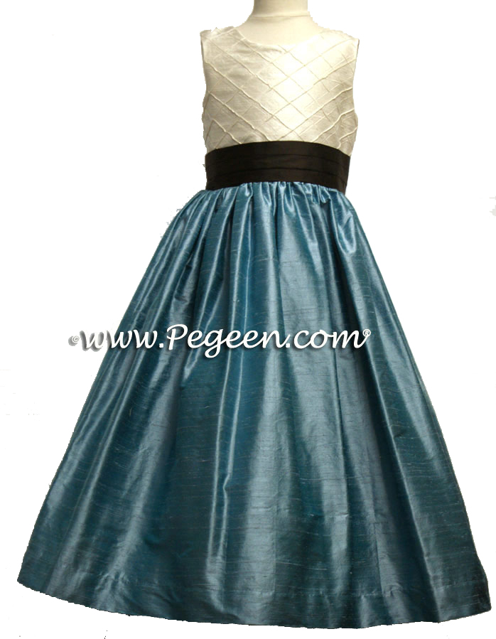 ADRIATIC (AQUA) AND SEMI-SWEET BROWN CUSTOM FLOWER GIRL DRESSES with pin tuck silk bodice