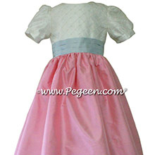 CUSTOM SILK PUFF SLEEVE Flower Girl Dresses IN Antique White BUBBLEGUM PINK AND BABY BLUE style 383