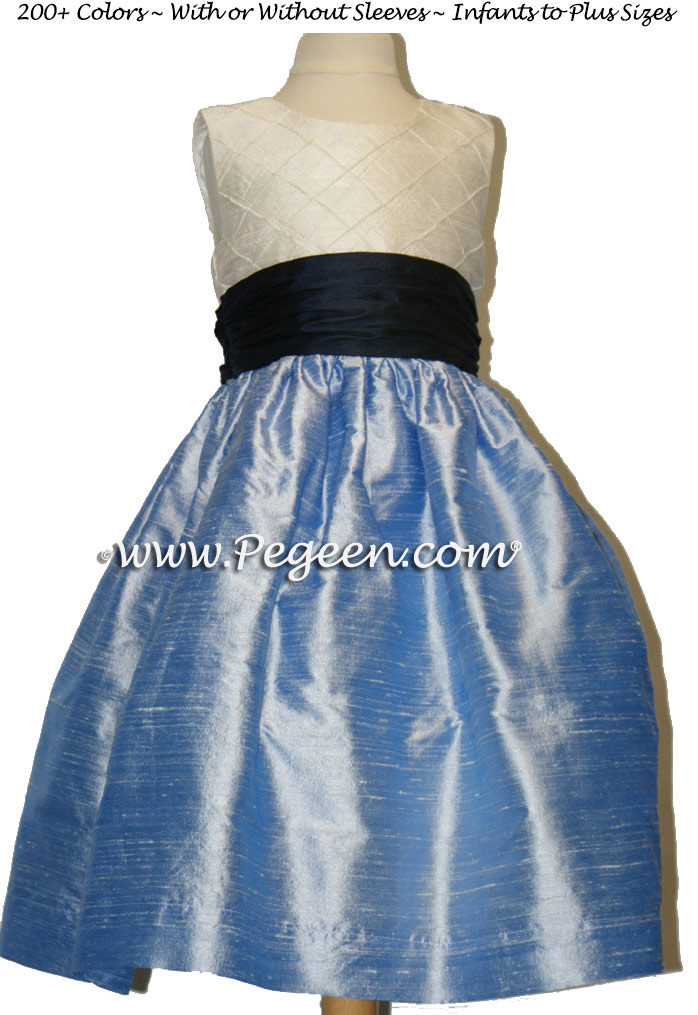 Denim Blue, Navy and Ivory Pin Tuck Bodice custom flower girl dresses