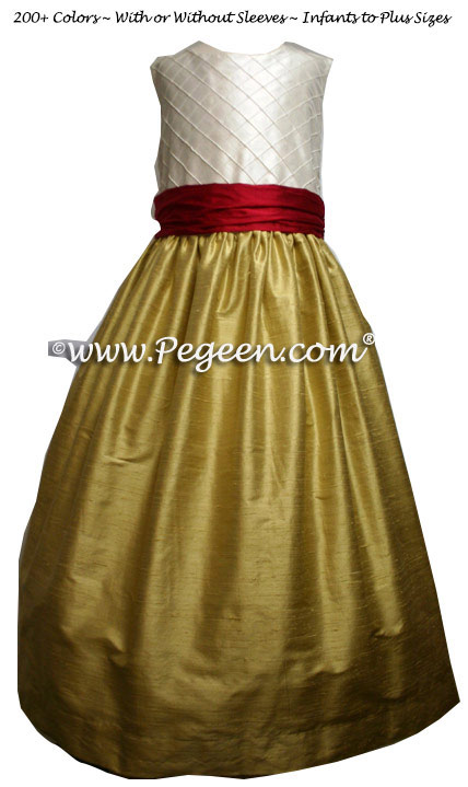 Spun Gold, Red Poppy and Ivory Pin Tuck Bodice custom flower girl dresses