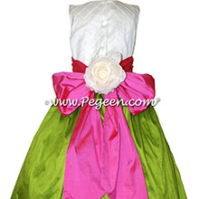 GRASS GREEN AND SHOCK PINK CUSTOM FLOWER GIRL DRESSES with pin tuck silk bodice Style 357