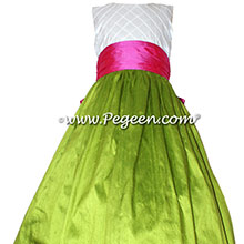 GRASS GREEN AND SHOCK PINK CUSTOM Flower Girl Dresses with pin tuck silk bodice - Pegeen Style 357