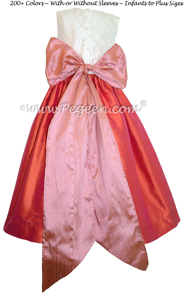 Orange, Coral Rose and Ivory Pin Tuck Bodice custom flower girl dresses