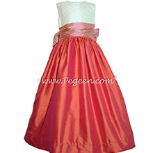 Ivory pin tuck silk and mango orange and coral rose custom flower girl dresses